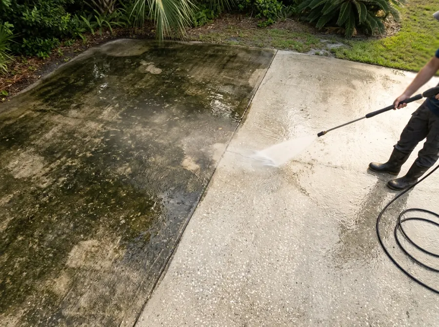 A driveway half cleaned showing the difference pressure washing makes