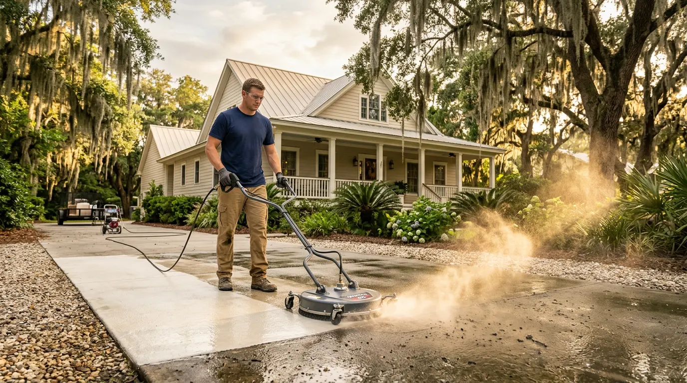 Southern Shine 912 technician cleaning a driveway under live oaks